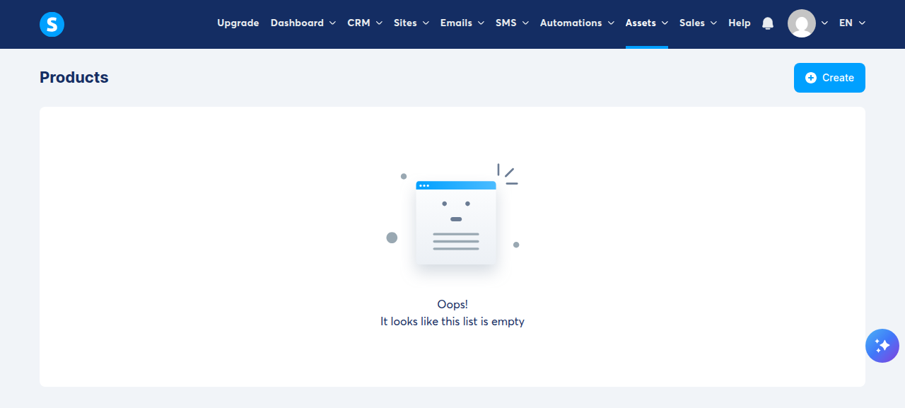 Products list page showing the Create button and the left sidebar with Assets expanded, showing Physical products, Coupons, Courses, Communities, and Files menu items.