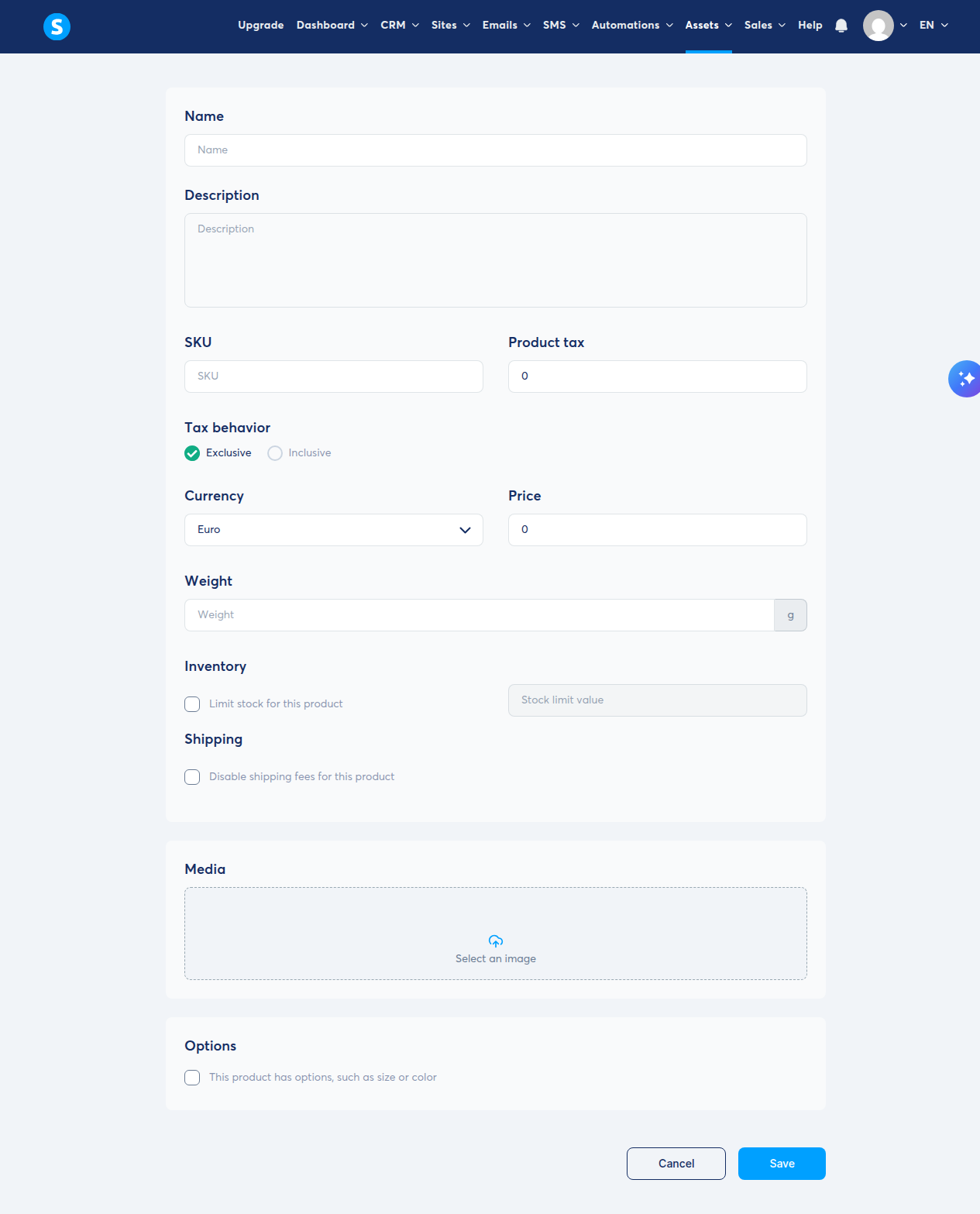 New product form with Name, Description, SKU, Tax, Currency dropdown set to Euro, Price field, Weight, Inventory checkbox, and Shipping checkbox visible. Save button at the bottom.