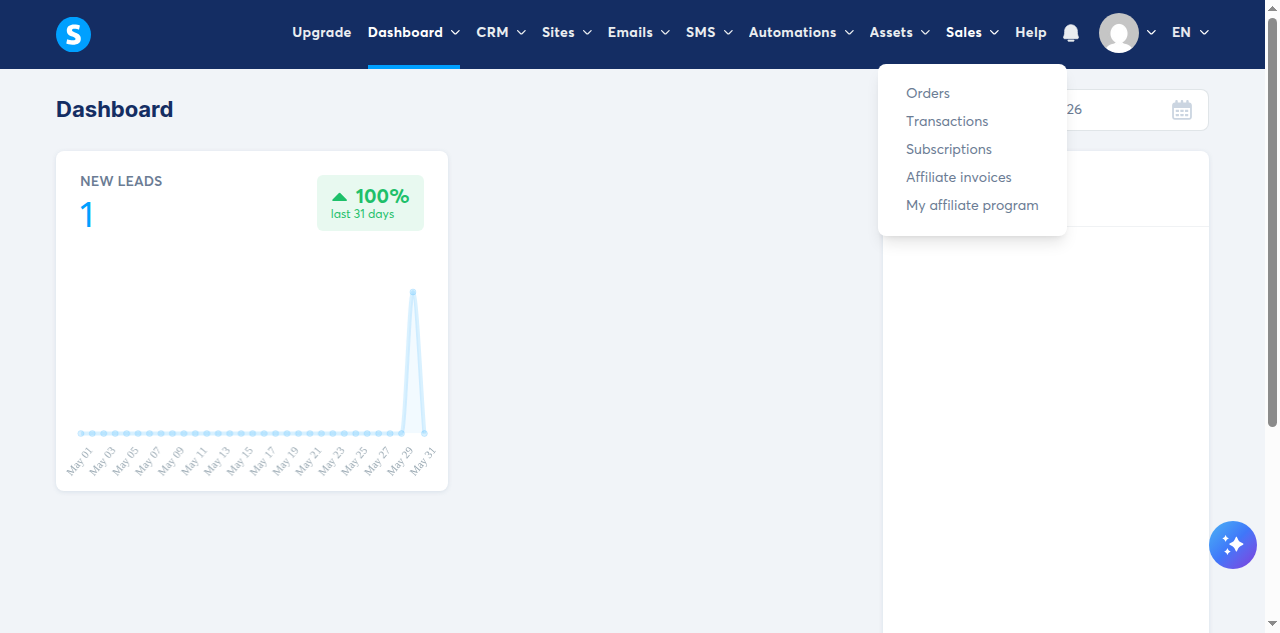 The Systeme.io dashboard top navigation bar with the Sales dropdown menu open, displaying Orders, Transactions, Subscriptions, Affiliate invoices, and My affiliate program as menu items.