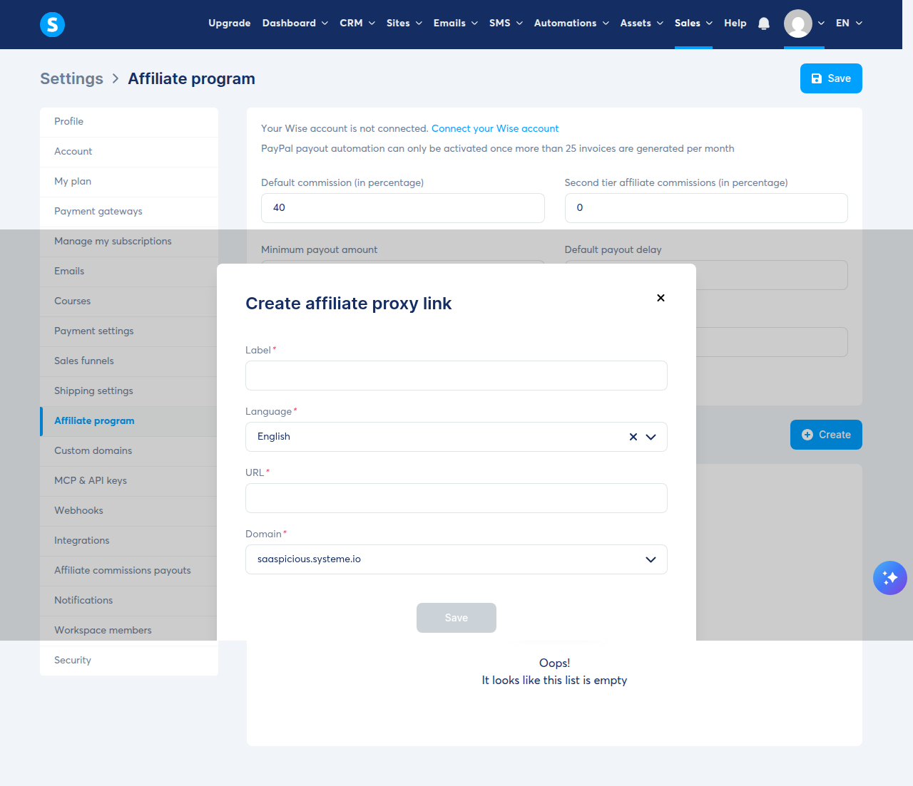 Create affiliate proxy link dialog showing Label, Language (English), URL, and Domain (saaspicious.systeme.io) fields, with a disabled Save button.