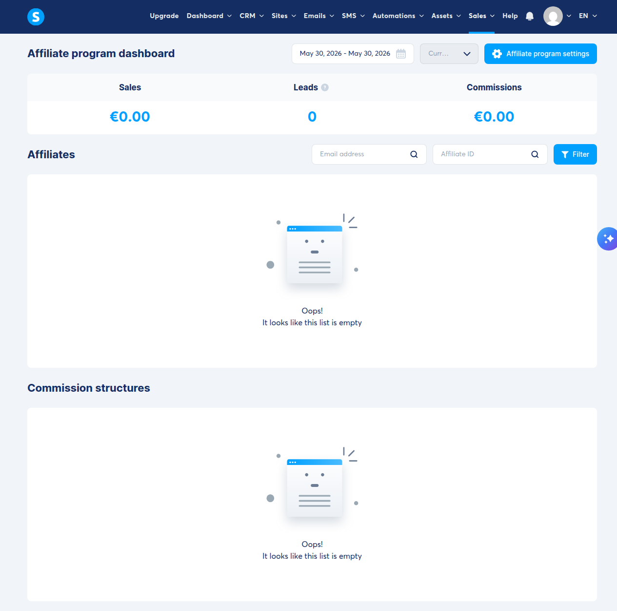 Affiliate program dashboard showing the stats bar (Sales: €0.00, Leads: 0, Commissions: €0.00), an empty Affiliates list with search by Email address or Affiliate ID, a Filter button, and an empty Commission structures section below.