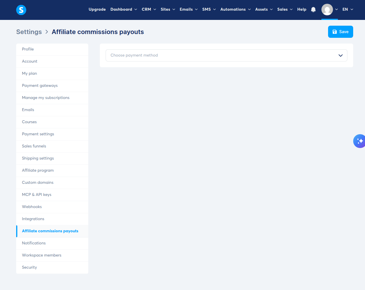 Affiliate commissions payouts page showing a dropdown for "Choose payment method" with a Save button, in the Settings sidebar.