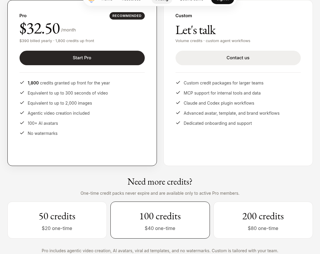 AdAnt AI public pricing page showing the Monthly and Yearly Pro plans with credit allowances
