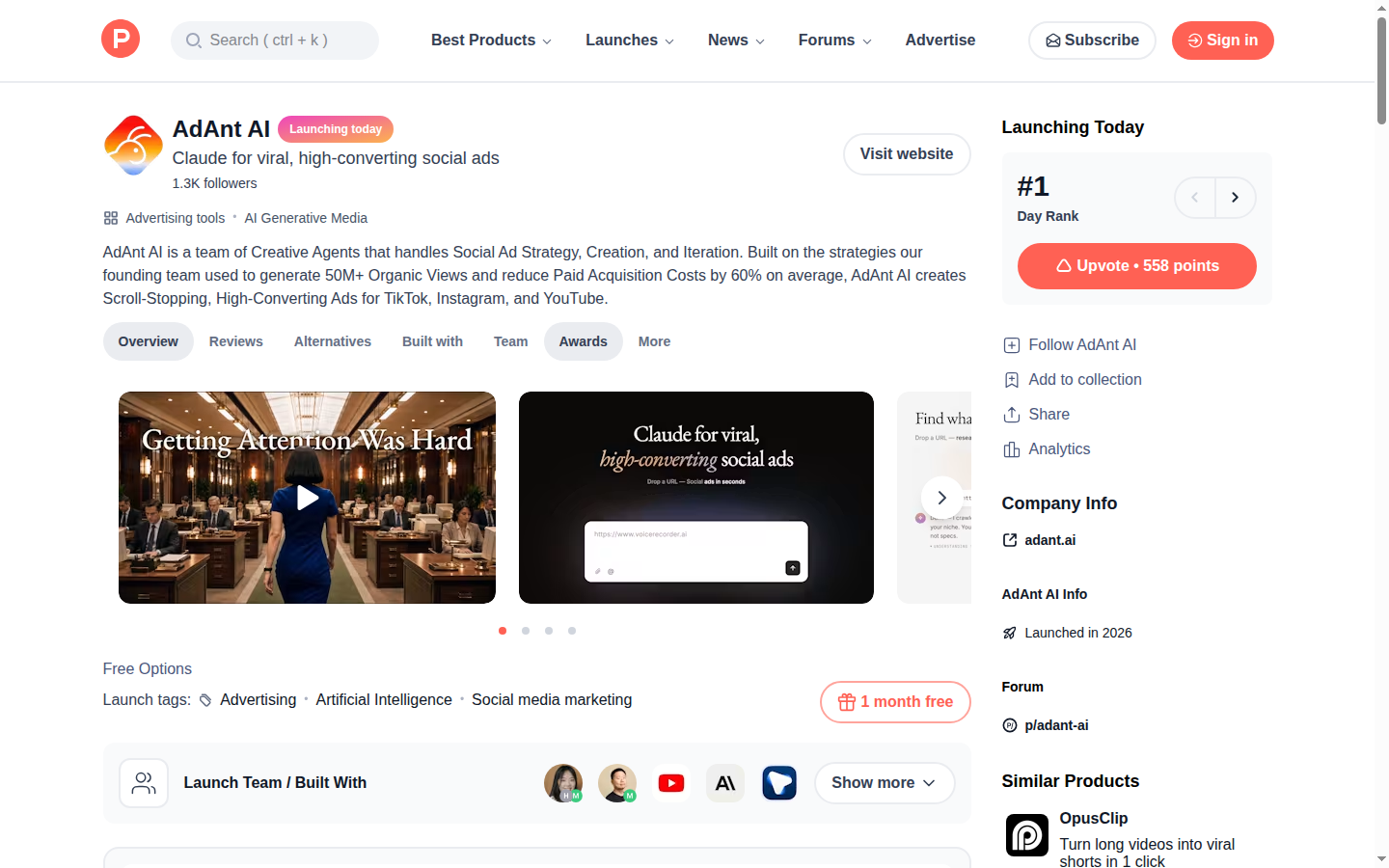 Product Hunt listing for AdAnt AI showing the tagline "Claude for viral, high-converting social ads" and the #1 Day Rank badge
