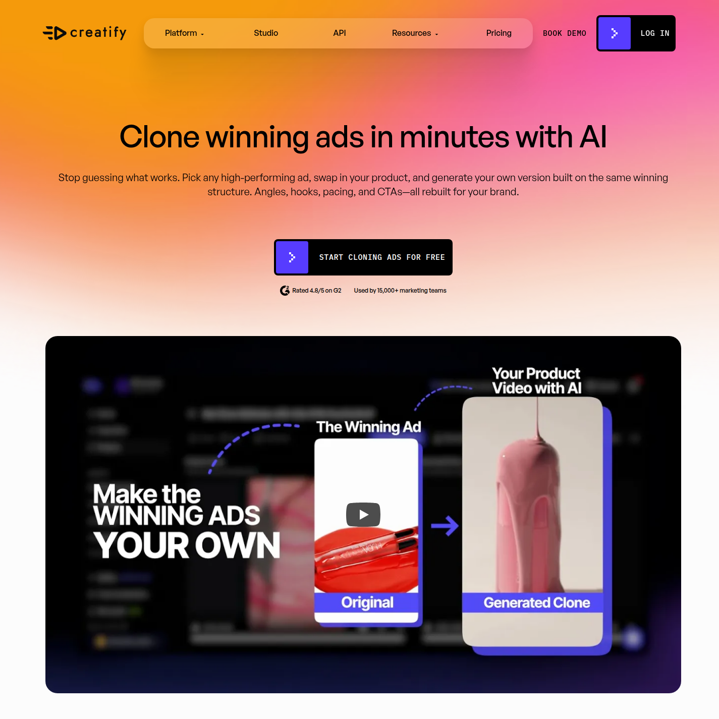 Creatify public feature page for Ad Cloner showing the headline "Clone winning ads in minutes with AI" and the three entry modes