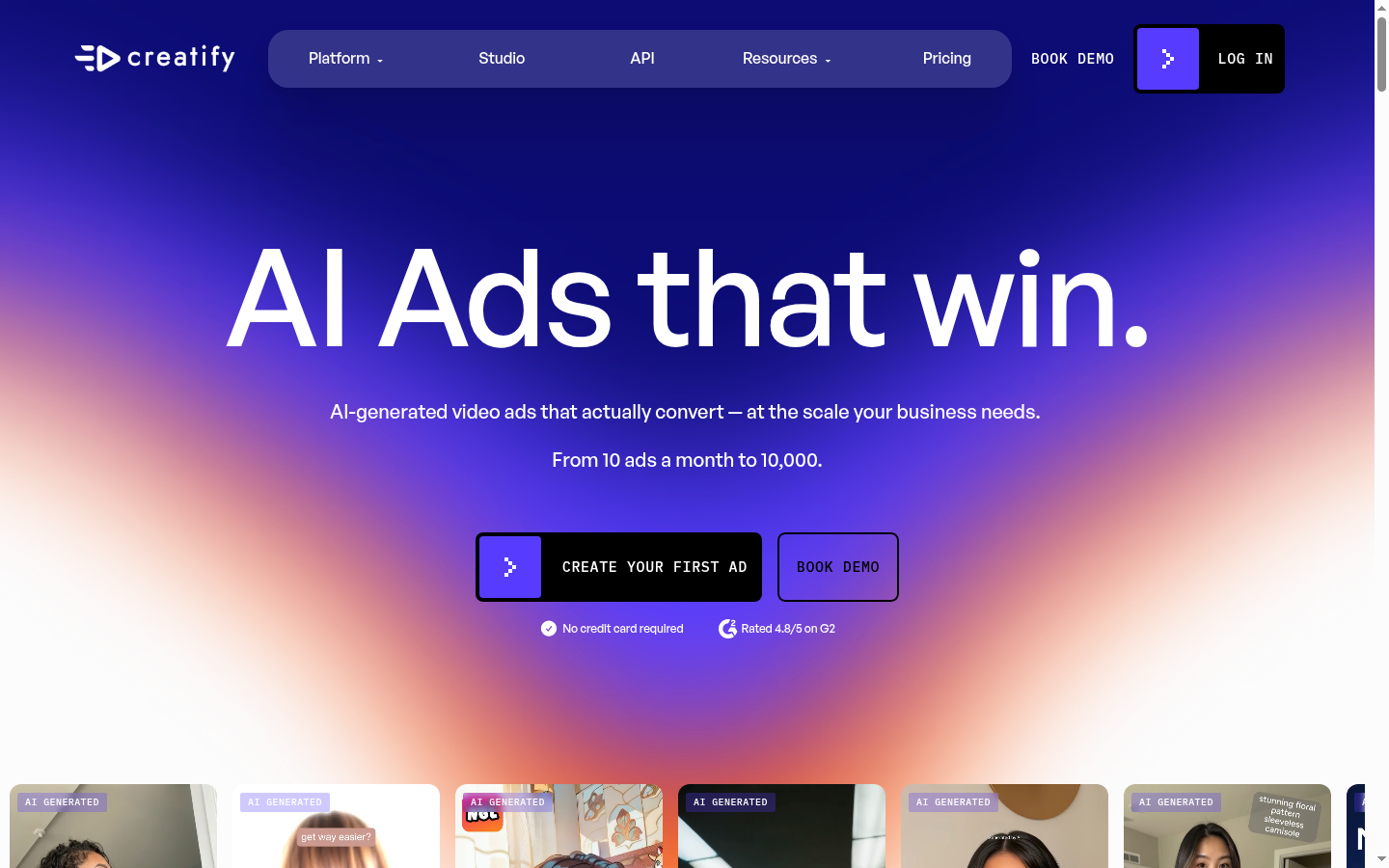 Creatify public landing page at creatify.ai showing the hero headline "AI Ads that win." and the primary call-to-action