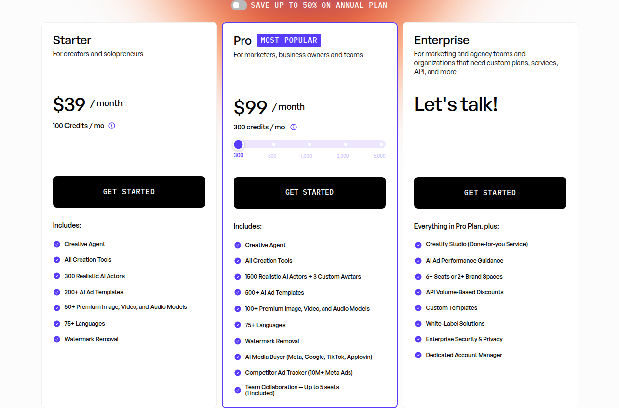 Creatify public pricing table showing the Free, Starter, and Pro tiers with prices and credit counts