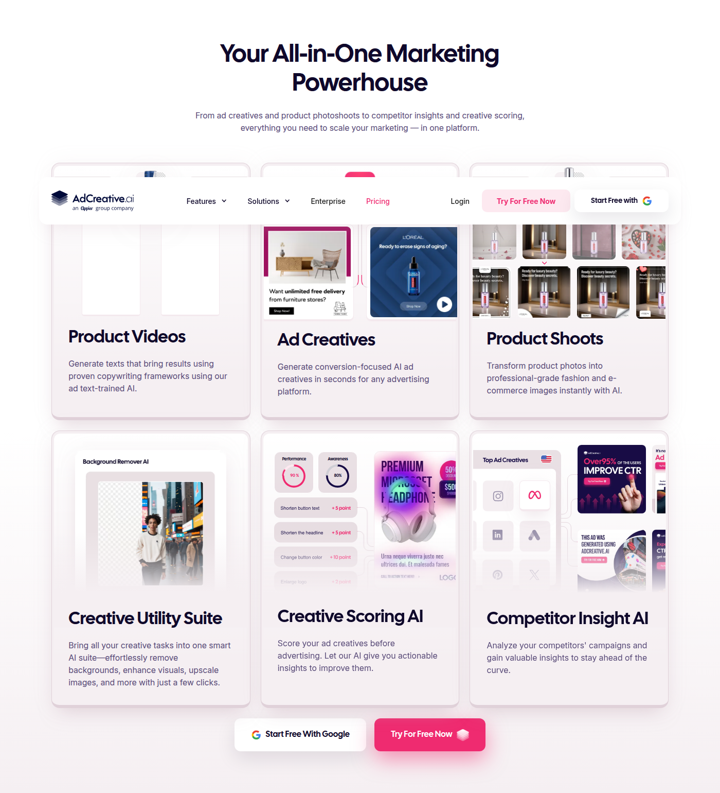 AdCreative.ai feature grid: Product Videos, Ad Creatives, Product Shoots, Creative Utility Suite, Creative Scoring AI, Competitor Insights AI