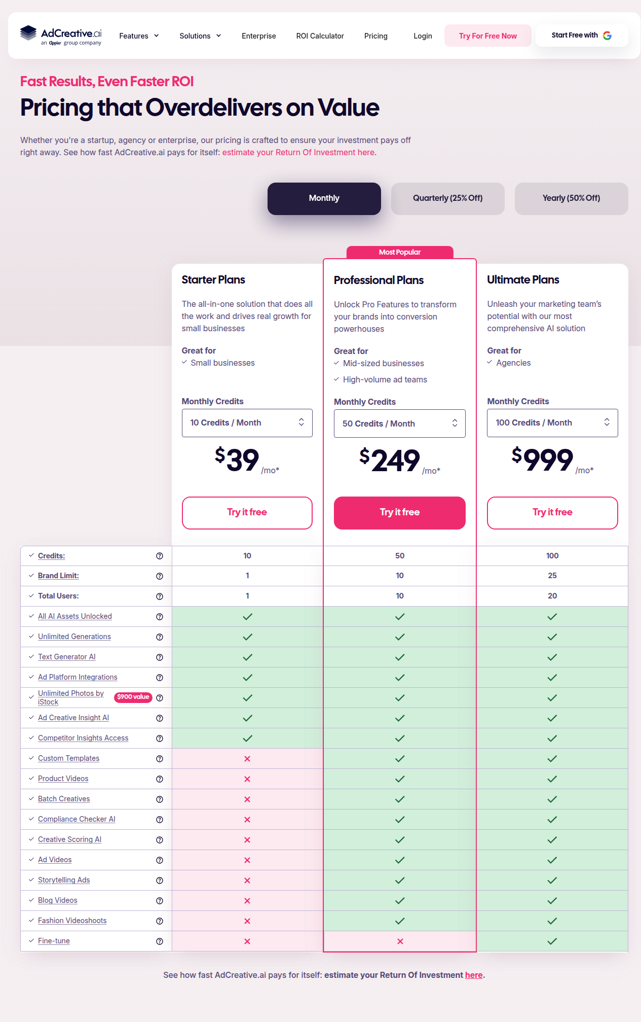 AdCreative.ai pricing table showing Starter, Professional, and Ultimate plan tiers