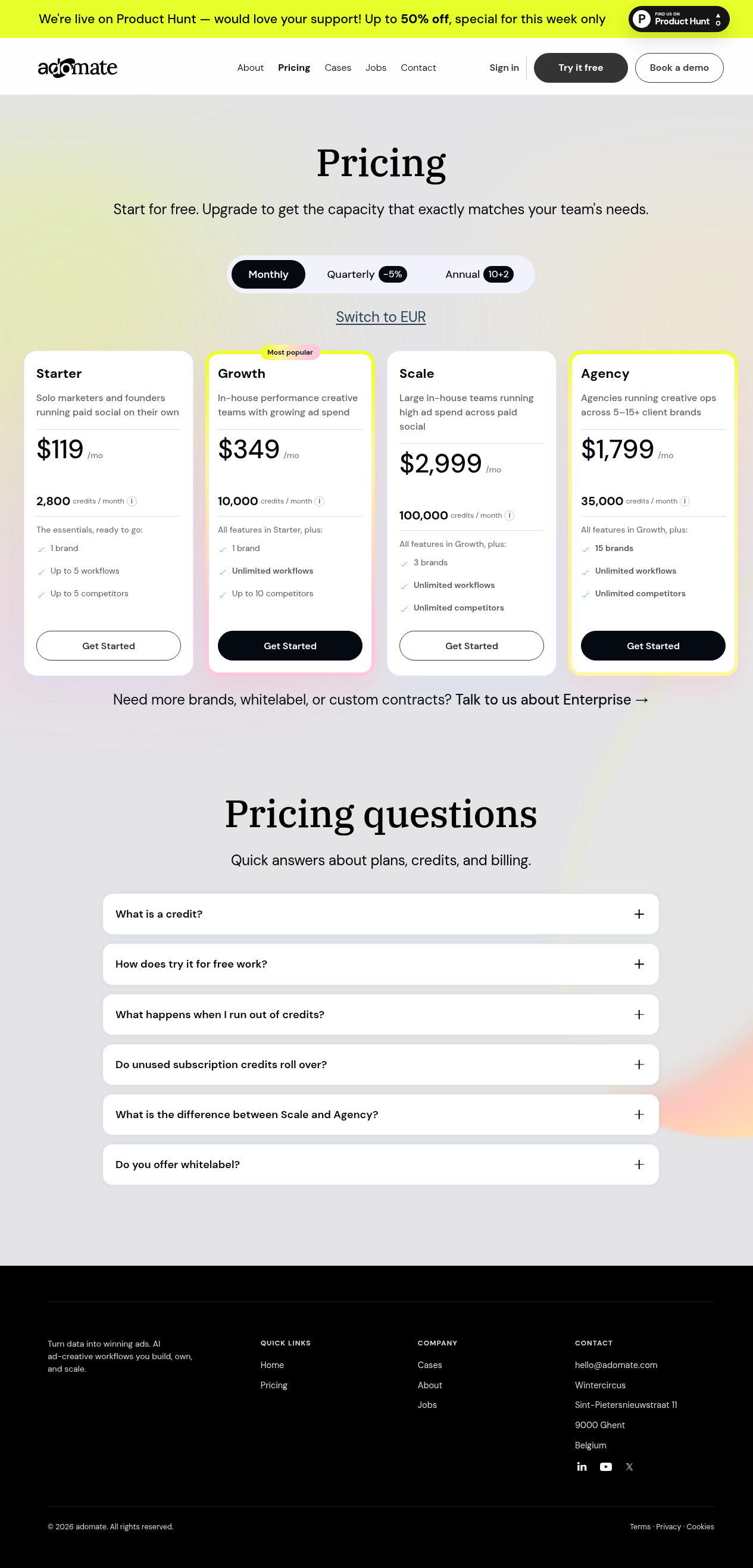 Adomate pricing page showing Starter, Growth, Scale, and Agency tiers