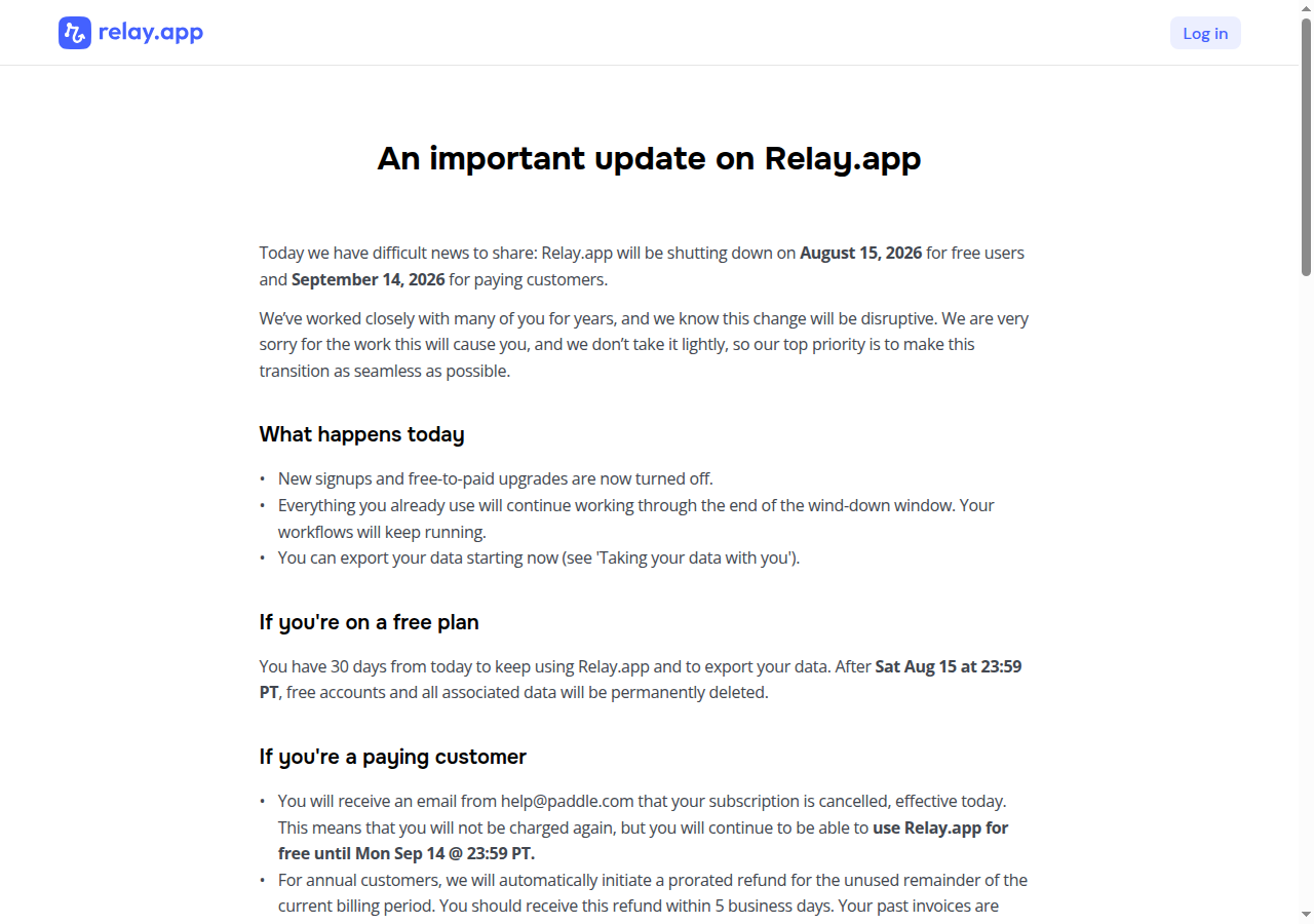 Relay.app homepage showing shutdown announcement with dates and data export instructions