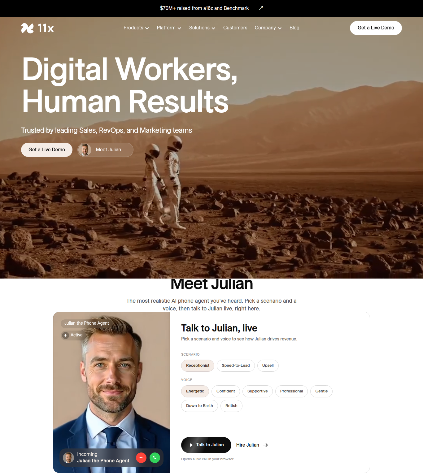 11x homepage: "Digital Workers, Human Results" hero, with the Meet Julian phone-agent section below it