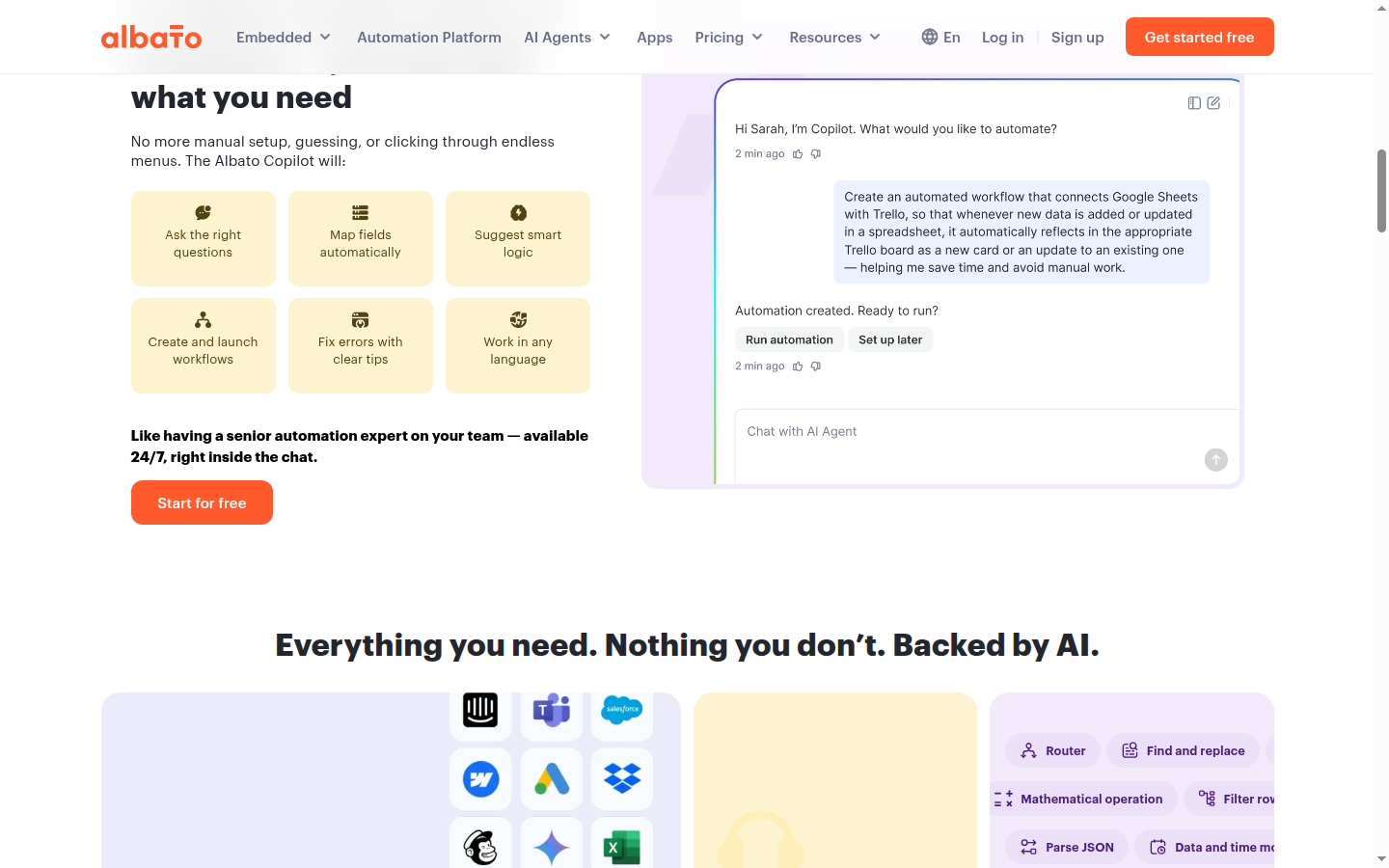Albato Copilot feature section on the automation platform page, showing natural language workflow building