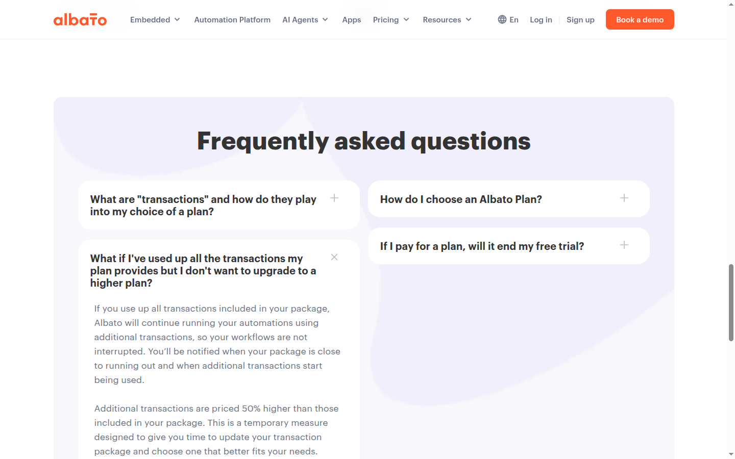 Albato pricing FAQ confirming additional transactions are priced 50% higher than the plan's included package
