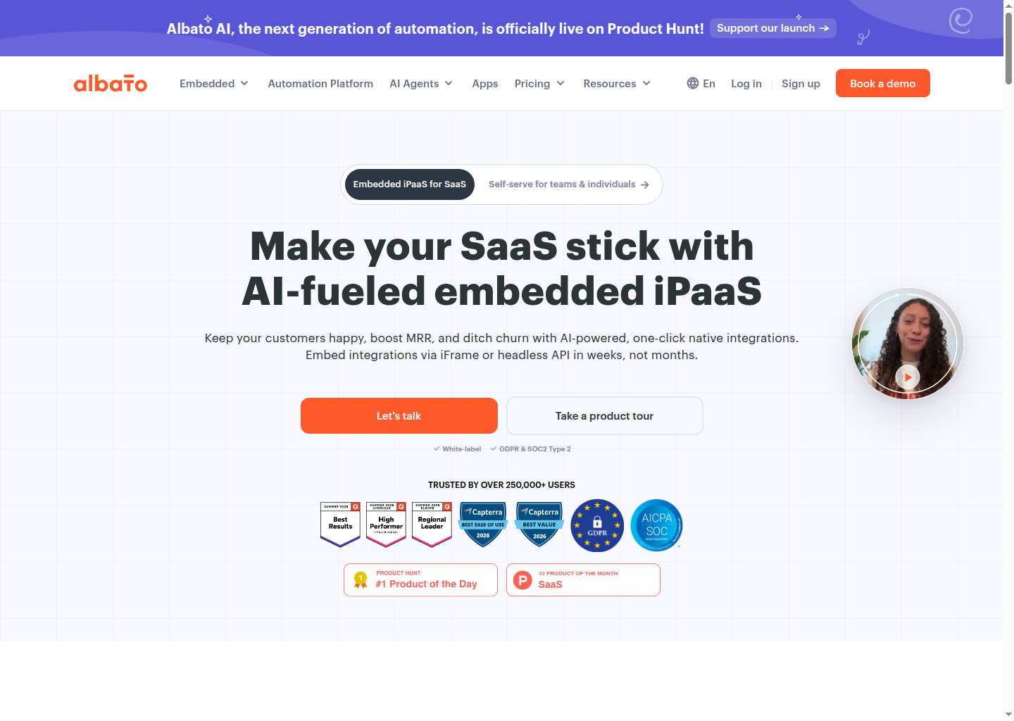 Albato homepage showing positioning and navigation