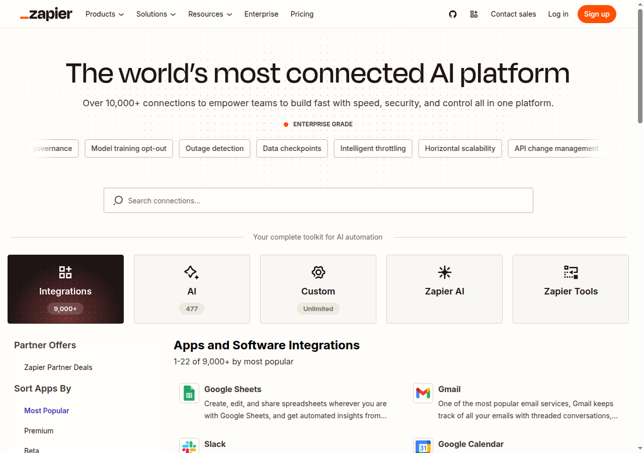 Zapier integrations page showing app count and navigation