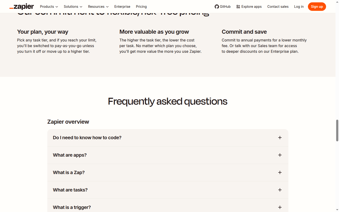 Zapier pricing FAQ: "Pick any task tier, and if you reach your limit, you'll be switched to pay-as-you-go"