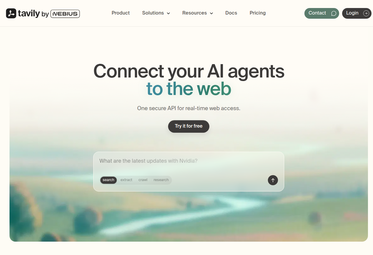 The Tavily homepage hero section: "Connect your AI agents to the web" headline and the web-access-layer positioning.