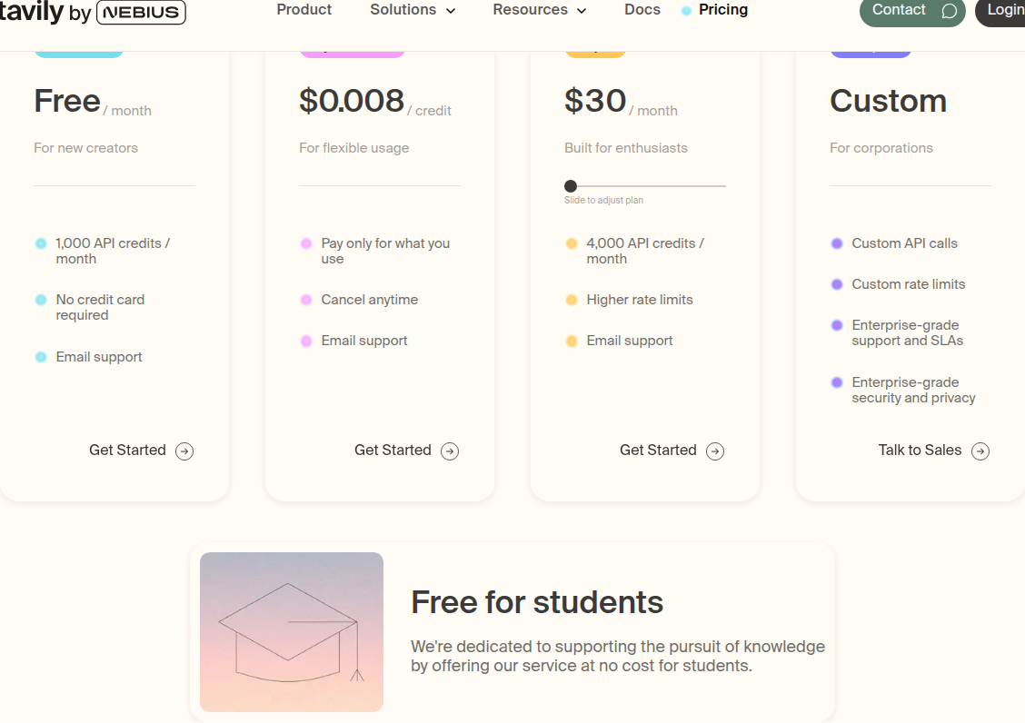 The Tavily pricing page showing the plan cards including Researcher (Free), Pay As You Go, Project, and Enterprise.