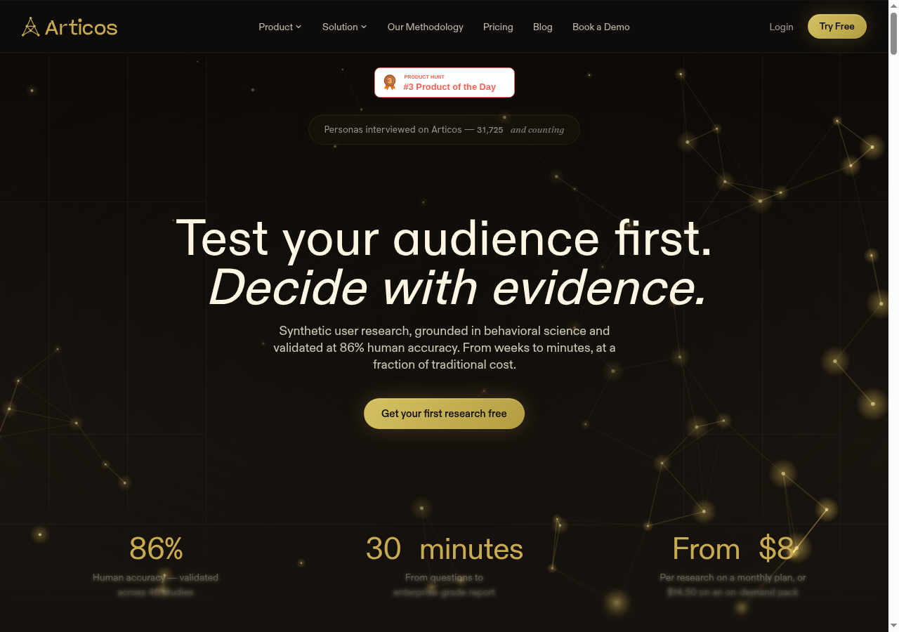 Articos' homepage Product Hunt badge: the alt text says "#1 Product of the Day," the visible graphic says "#3 Product of the Day"