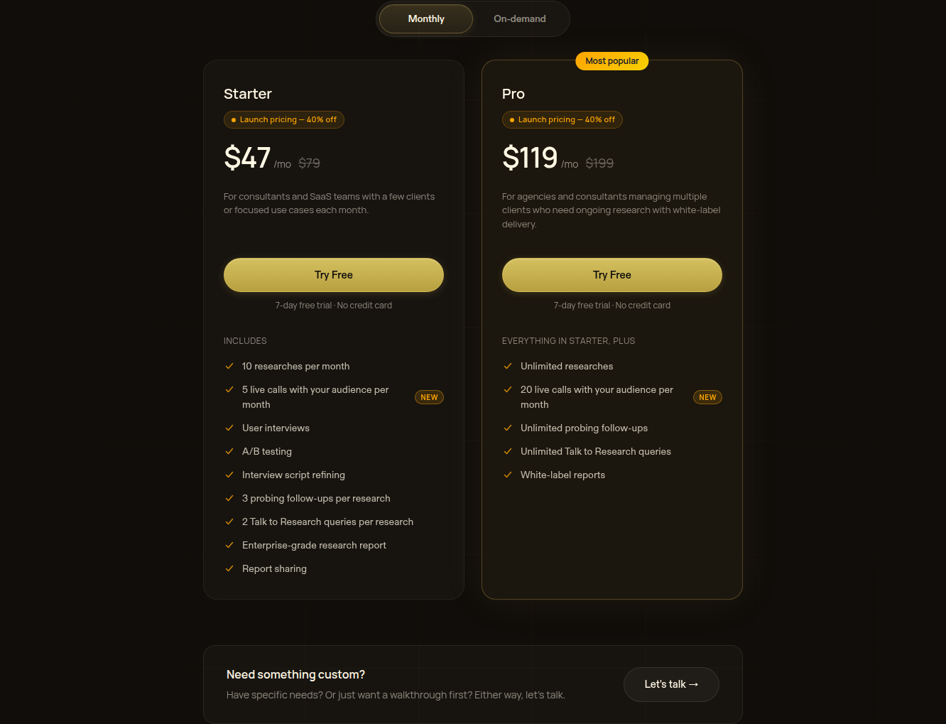 Articos monthly pricing cards: Starter $47/mo, Pro $119/mo