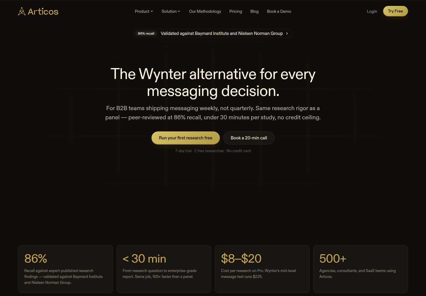 Articos' own Wynter comparison page headline: 'The Wynter alternative for every messaging decision'