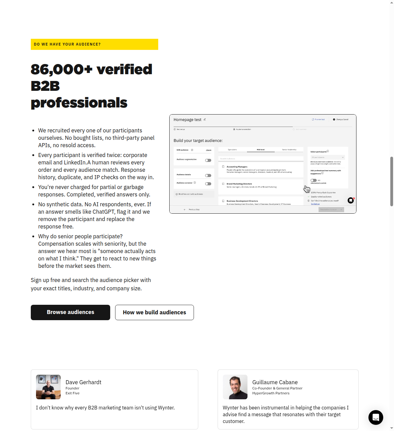 Wynter's verified-panel claims on the homepage: double-verification, no synthetic data, no AI respondents