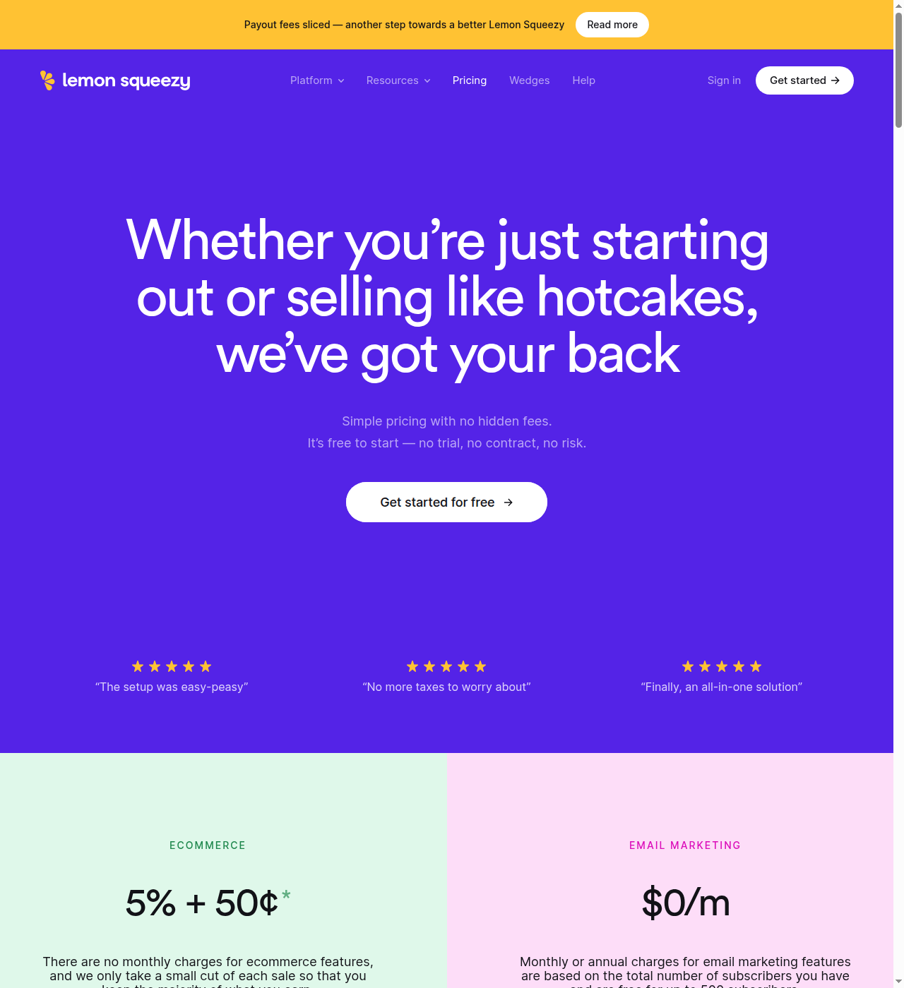 Lemon Squeezy pricing section showing 5% + $0.50 transaction fee