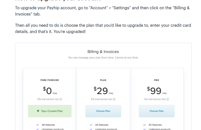 Payhip "Billing & Invoices" plan widget showing Free Forever $0/mo at 5% transaction fee, Plus $29/mo at 2%, and Pro $99/mo with no transaction fee