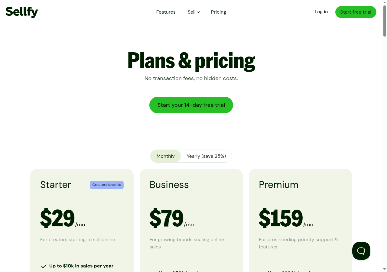 Sellfy pricing table showing Starter $29/mo, Business $79/mo, Premium $159/mo monthly pricing with 0% transaction fees
