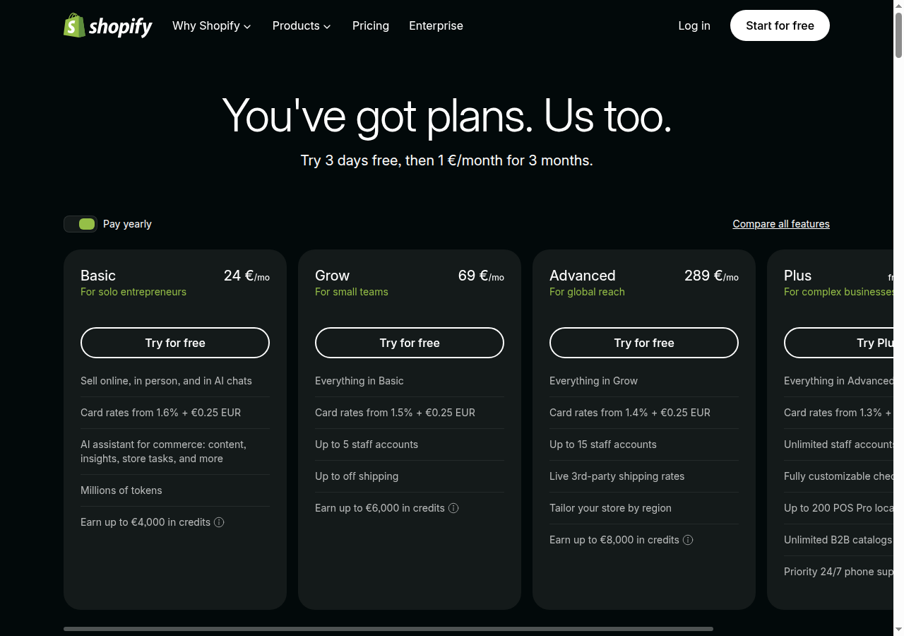 Shopify pricing table showing Basic €24/mo, Grow €69/mo, Advanced €289/mo annual pricing