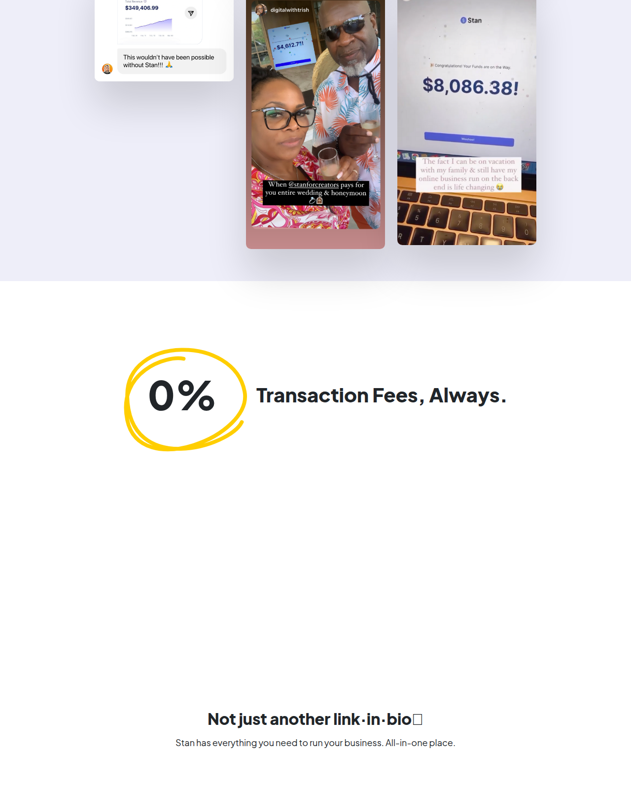 Stan Store homepage section showing "0% Transaction Fees, Always"