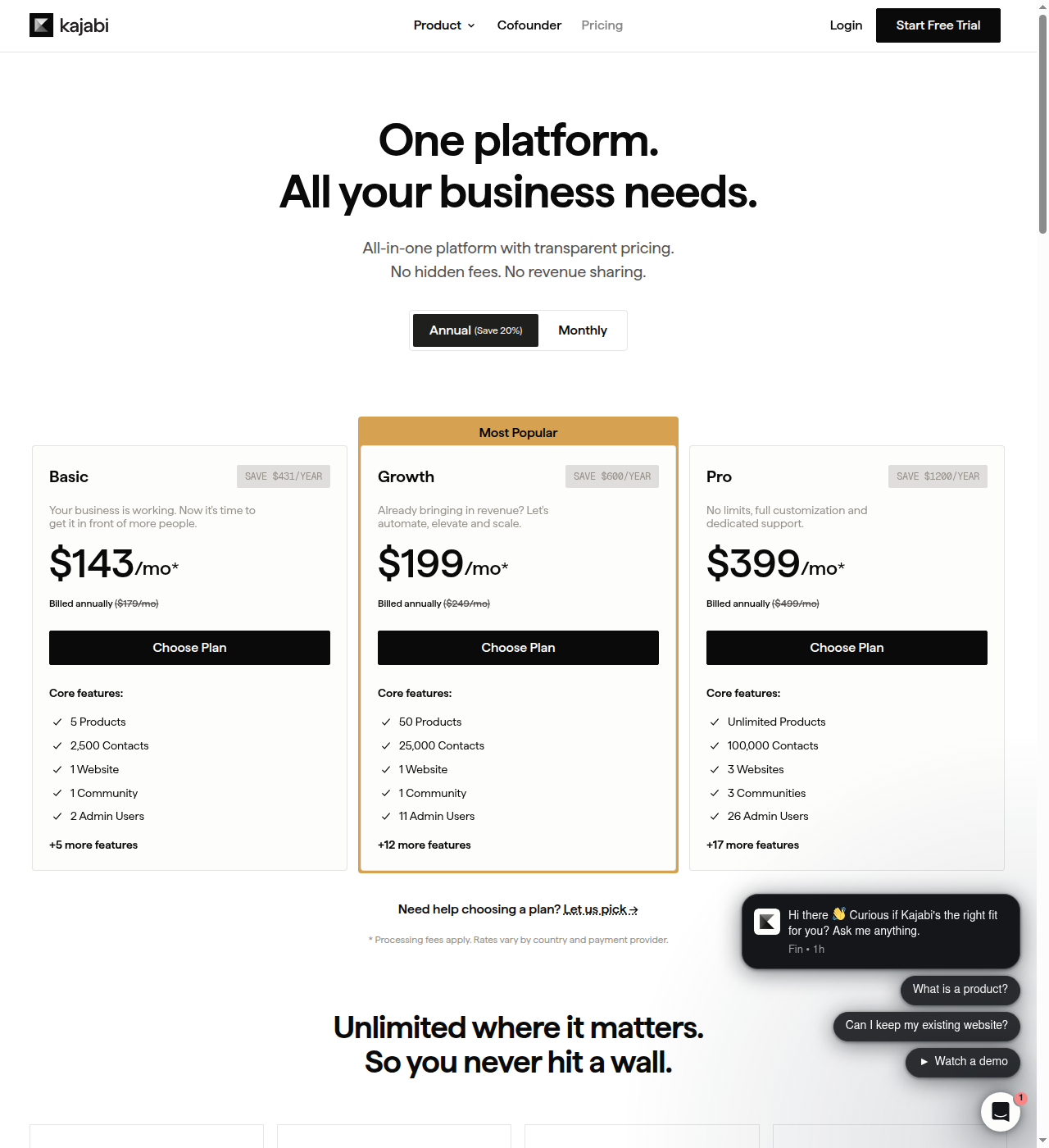 Kajabi pricing page's plan cards showing Basic $143/mo ($179/mo monthly), Growth $199/mo ($249/mo monthly), and Pro $399/mo ($499/mo monthly), each billed annually with the monthly-billing price shown struck through