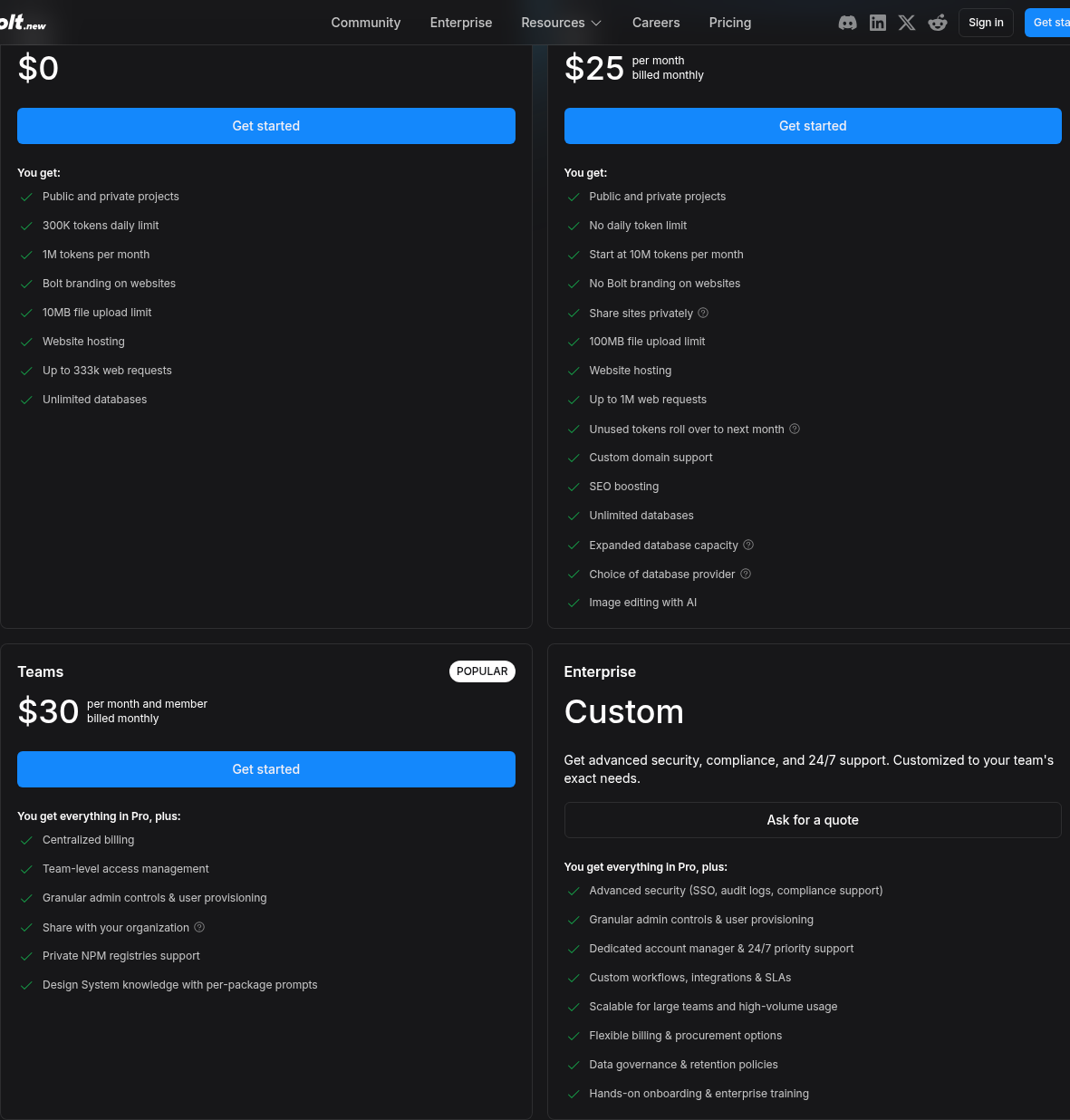 bolt.new pricing page showing the Free, Pro, and Teams plan tiers with token allowances and features.