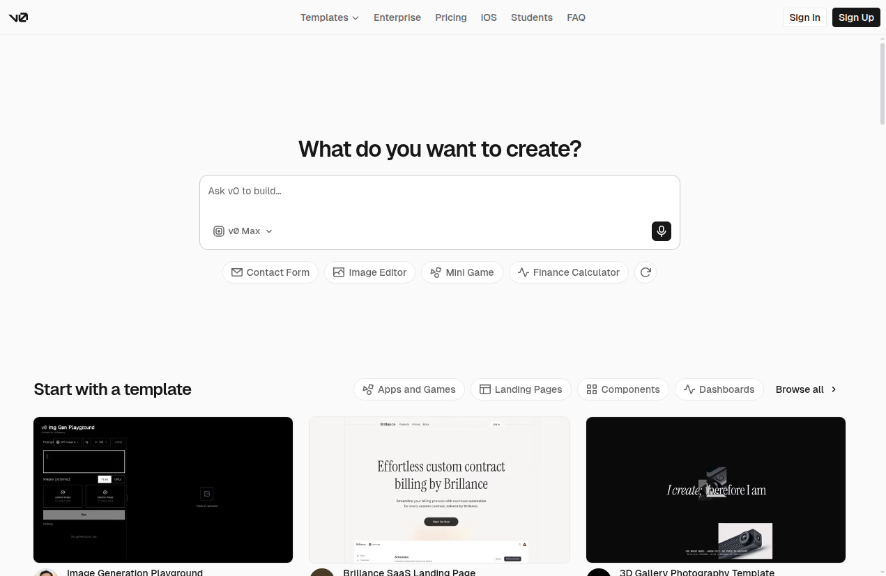v0 homepage hero showing the tagline "What do you want to create?" above a chat prompt input.
