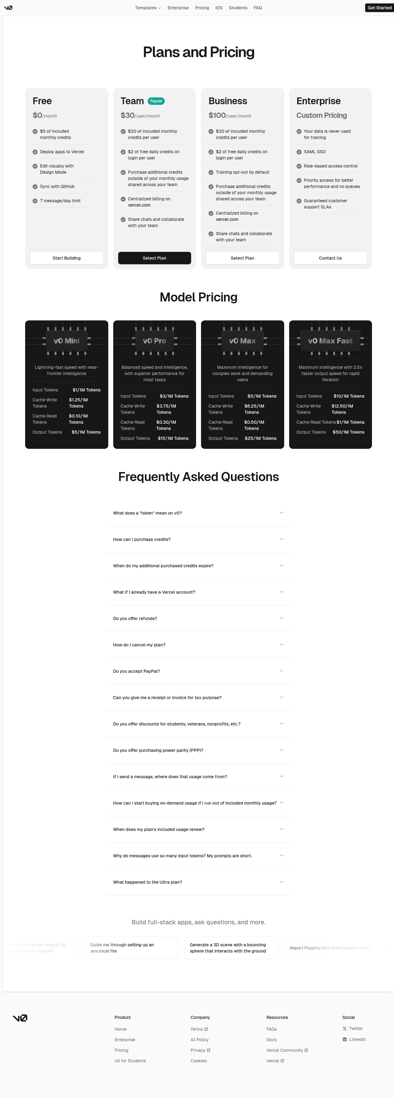 v0 pricing page showing the Free, Team, Business, and Enterprise tiers with monthly credits and per-seat pricing.