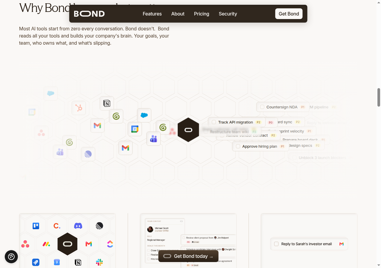 Bond feature section showing company brain and prioritization capabilities