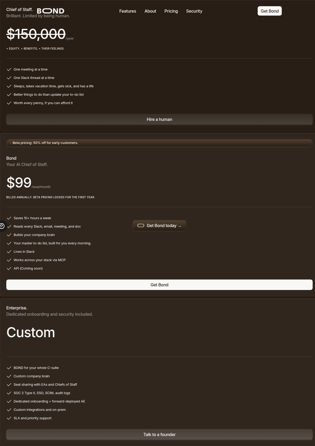 Bond pricing section showing $99/mo tier and beta pricing