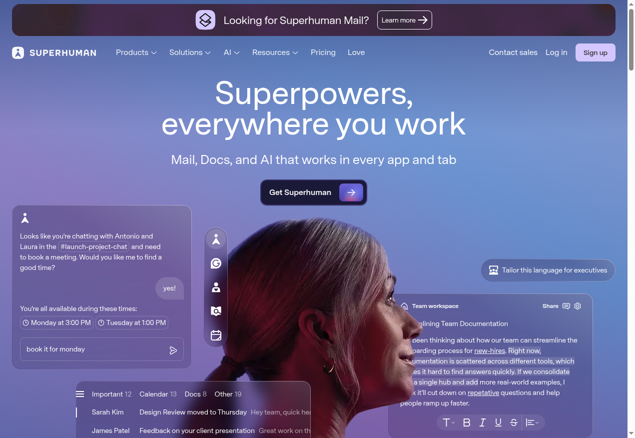 Superhuman homepage showing cross-app AI and email suite