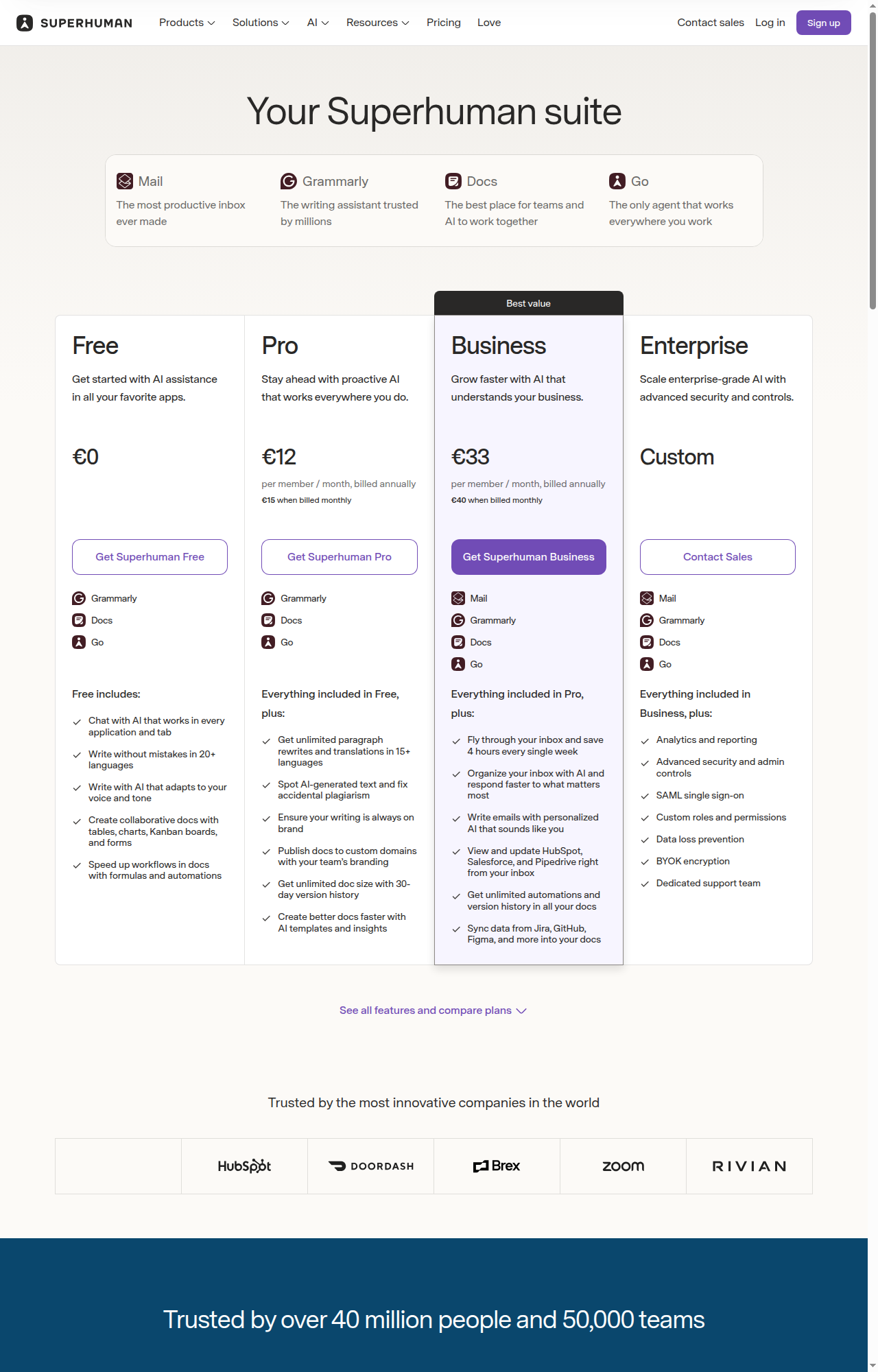 Superhuman pricing cards showing Free, Pro, Business, and Enterprise tiers