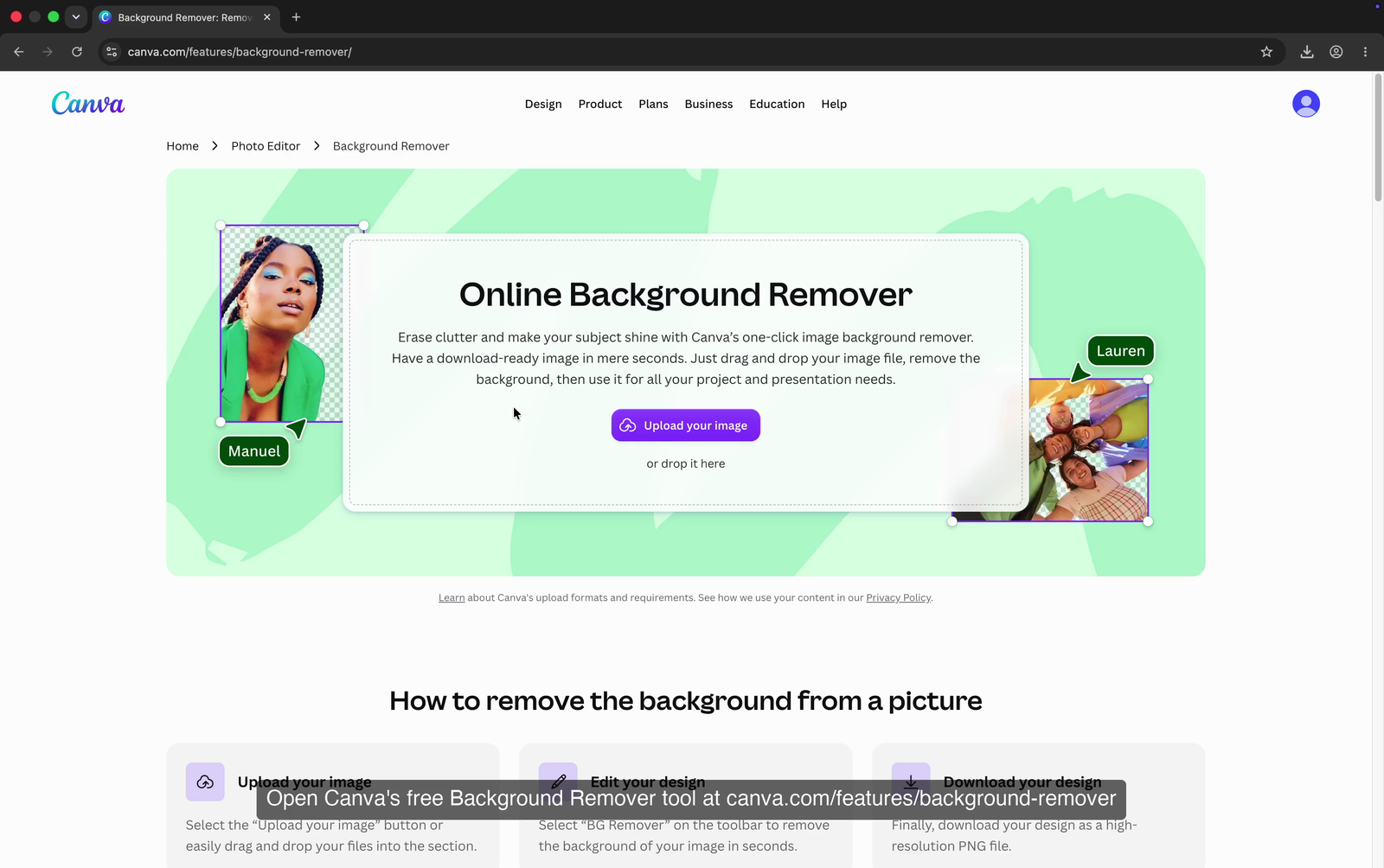 Canva's Background Remover tool page with the upload area