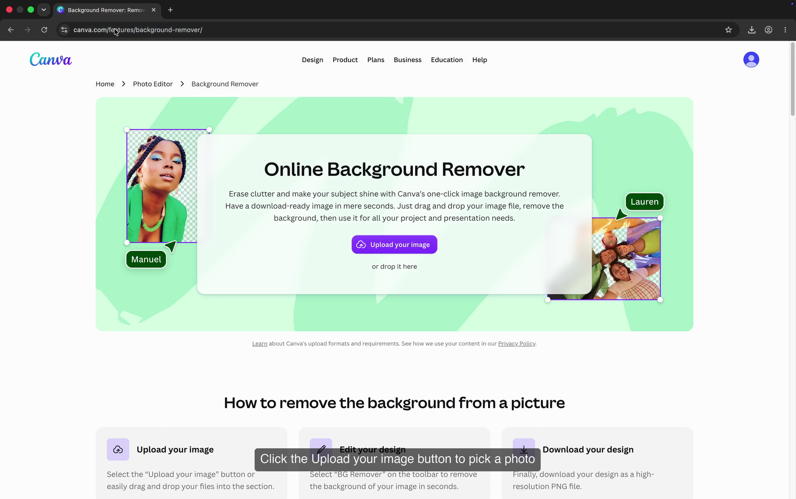The Upload your image button on Canva's Background Remover page