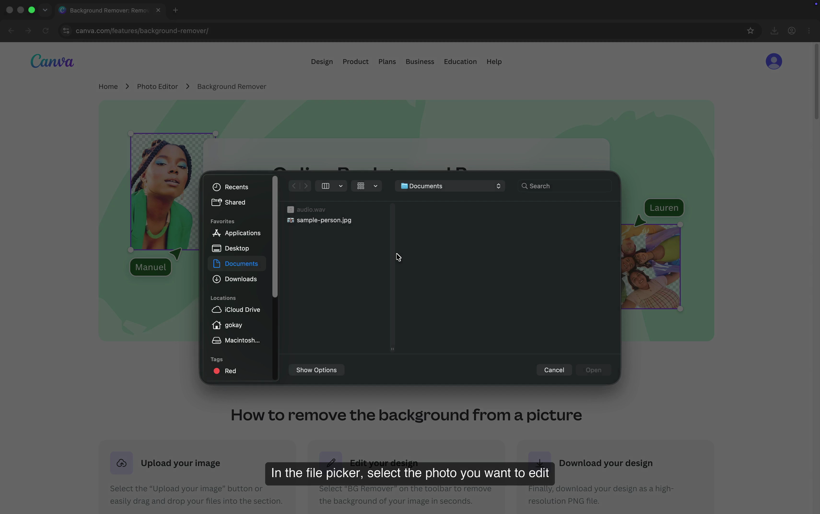 Selecting a photo in the file picker dialog