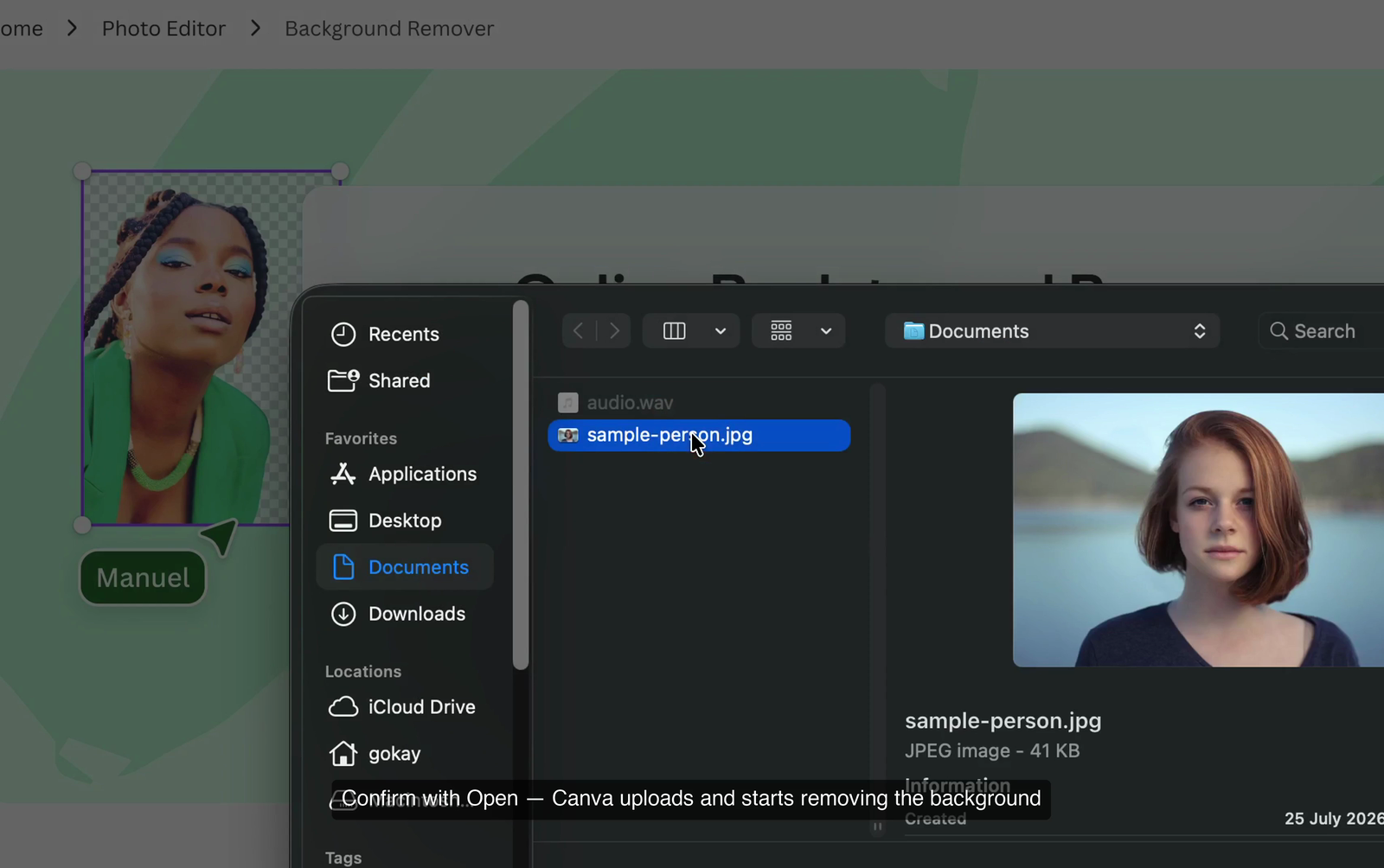 The selected photo row and the Open button in the file picker dialog