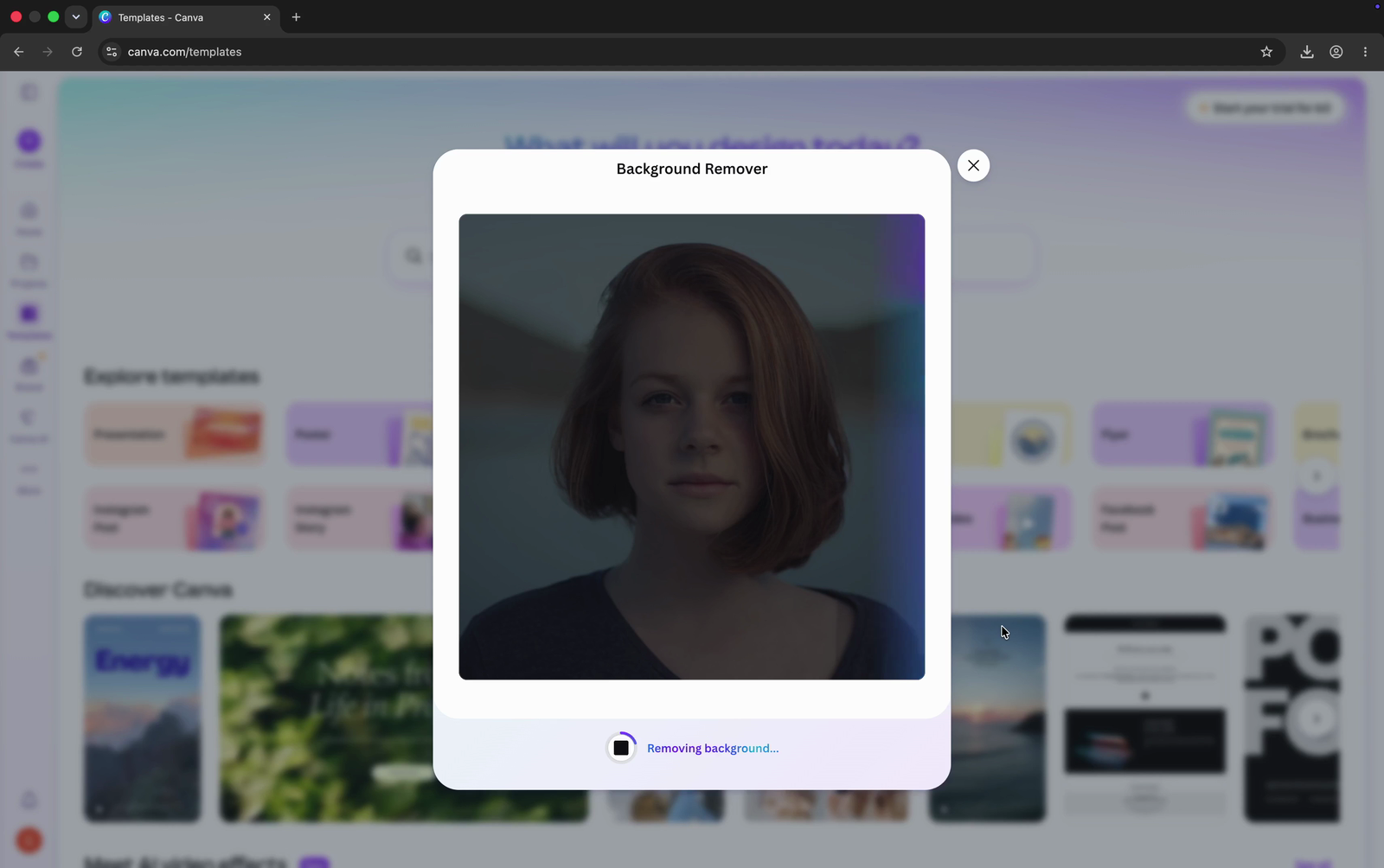 Canva processing the uploaded photo