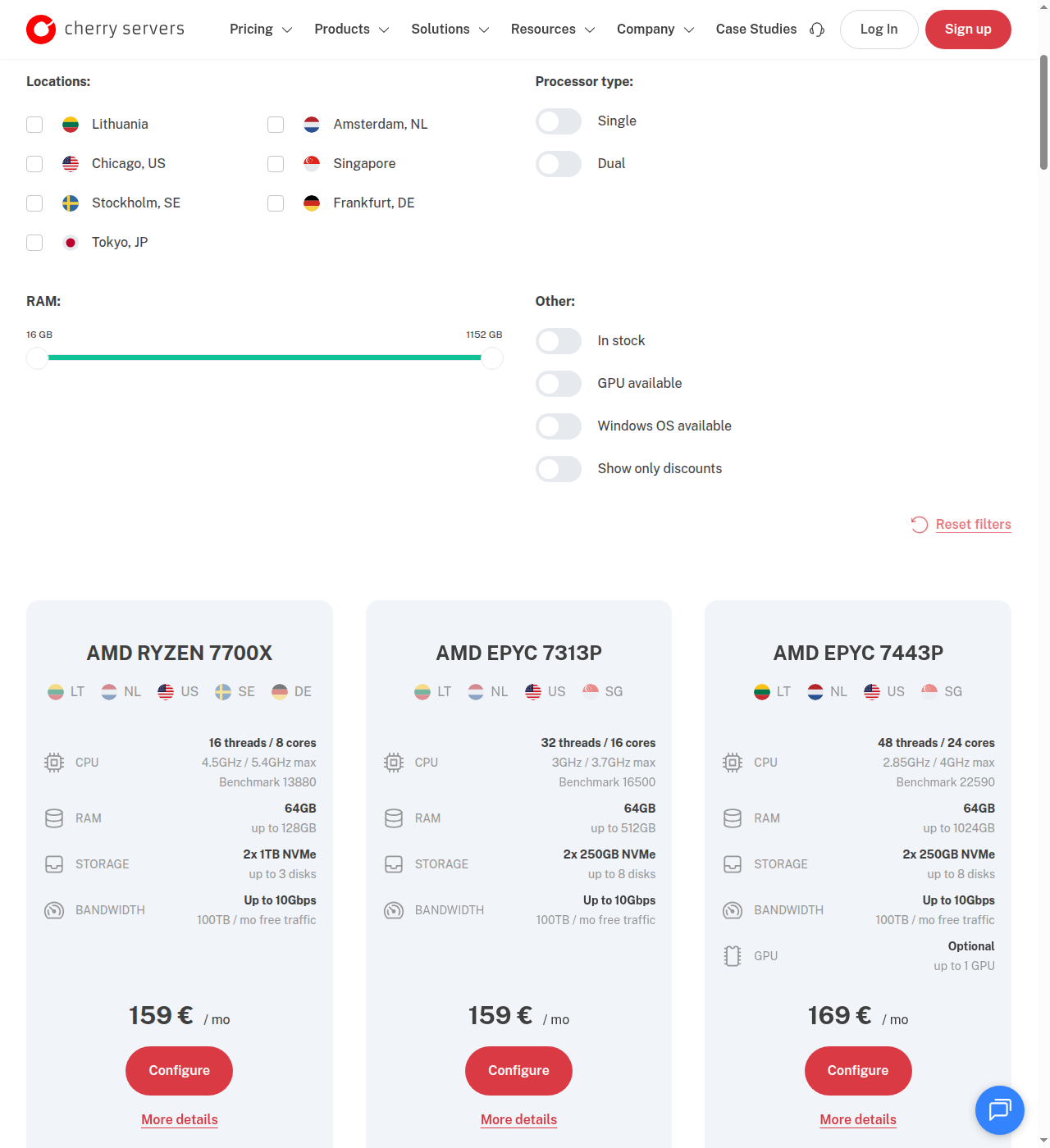 Cherry Servers dedicated server pricing table showing entry-level plans