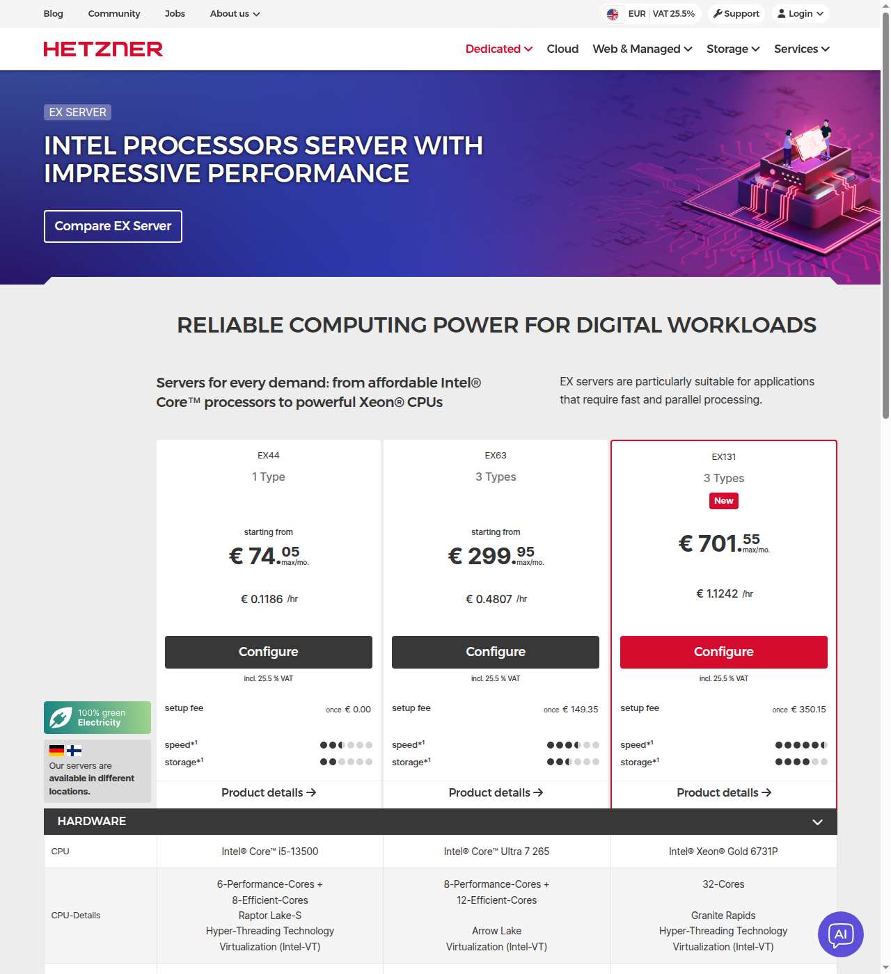 Hetzner EX-Line pricing page showing the EX44, EX63, and EX131 fixed tiers