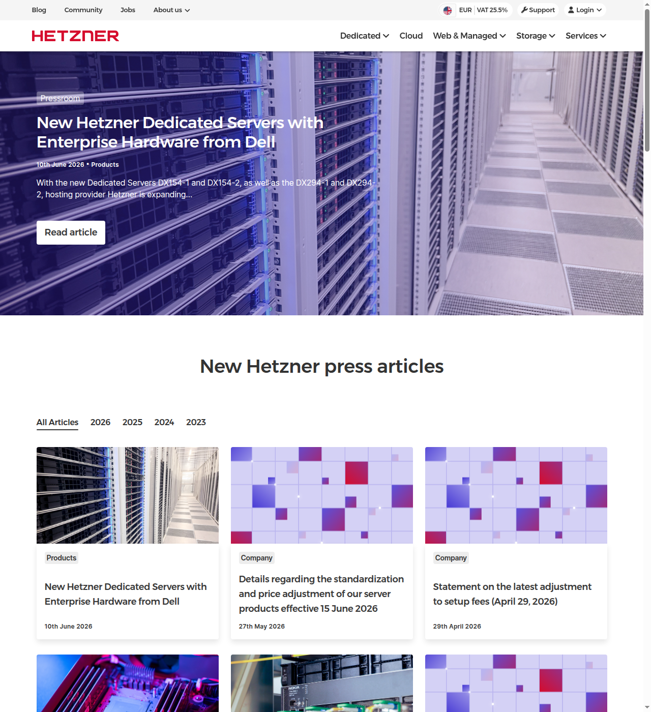 Hetzner pressroom showing the June 2026 price standardization announcement