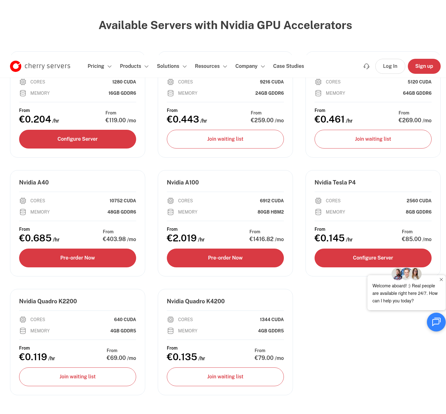 Cherry Servers GPU accelerator catalog: A2/A10/A16/A40/A100/P4/Quadro K2200/K4200 with CUDA cores, memory, and monthly prices