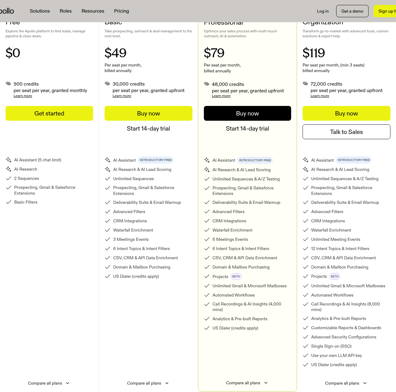 Apollo pricing section showing Free, Basic, Professional, Organization tiers per seat